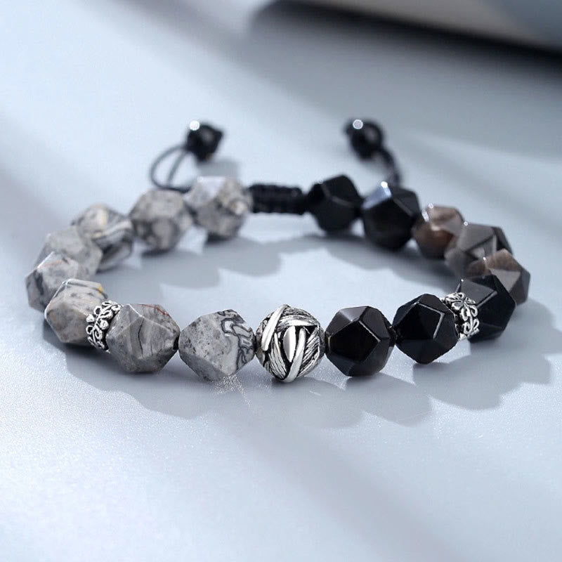 KarmaRipple's Authentic Irregular Cut Obsidian Grey Jasper 925 Sterling Silver Rolled Leaf Bead Protection Bracelet p1