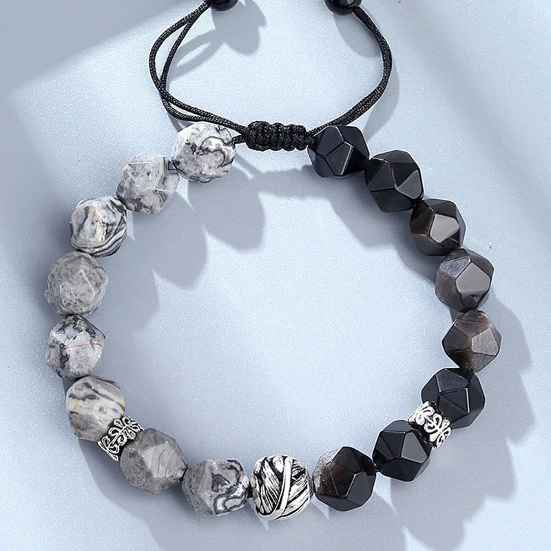 KarmaRipple's Authentic Irregular Cut Obsidian Grey Jasper 925 Sterling Silver Rolled Leaf Bead Protection Bracelet p4
