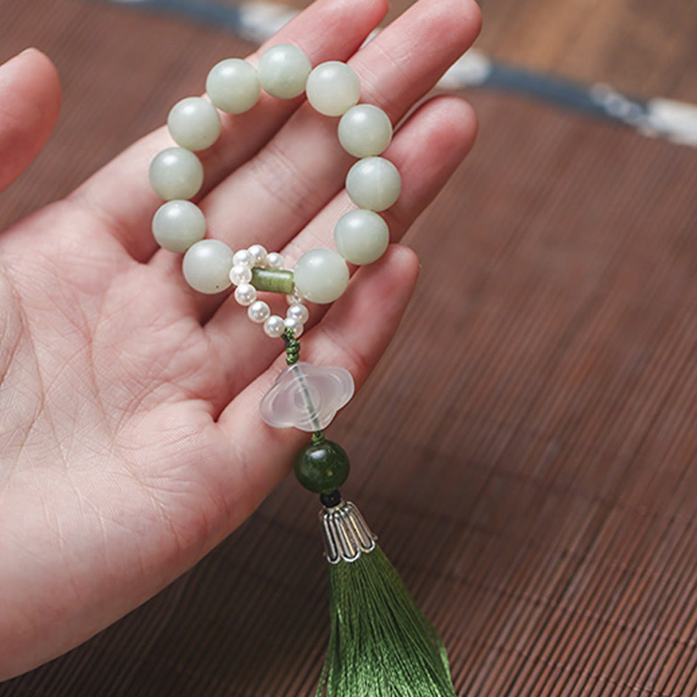 KarmaRipple's Green Jade Beadwork Pearl Prosperity Tassels Wrist Mala p4