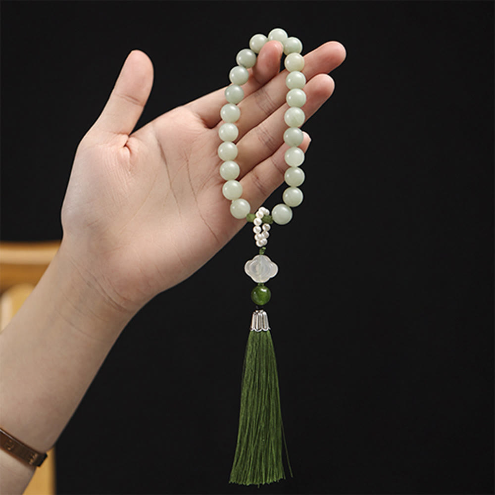 KarmaRipple's Green Jade Beadwork Pearl Prosperity Tassels Wrist Mala p10