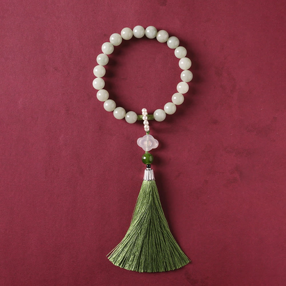 KarmaRipple's Green Jade Beadwork Pearl Prosperity Tassels Wrist Mala p11