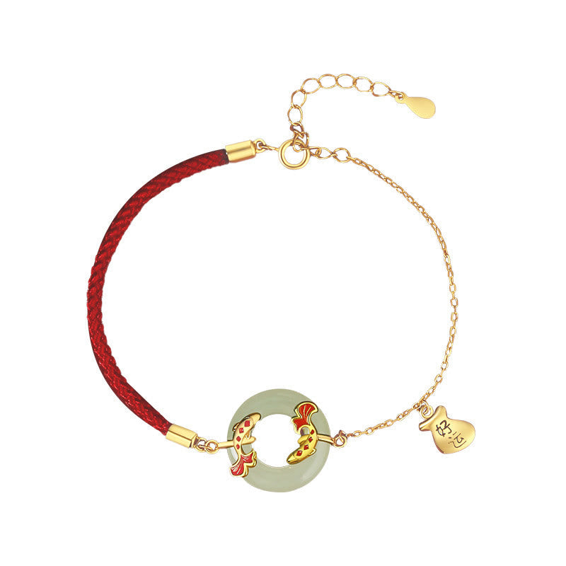 KarmaRipple's 999 Sterling Silver Hetian Ivory Jade Double Koi Fish Peace Buckle Fortunate Talisman Wealth Bracelet p8