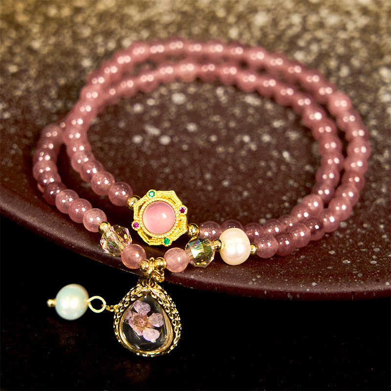 KarmaRipple's Authentic Strawberry Quartz Pearl Butterfly Water Drop Positive Double Wrap Bracelet p13