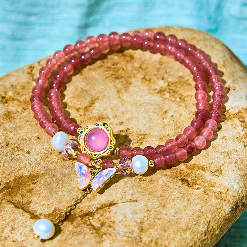KarmaRipple's Authentic Strawberry Quartz Pearl Butterfly Water Drop Positive Double Wrap Bracelet p5