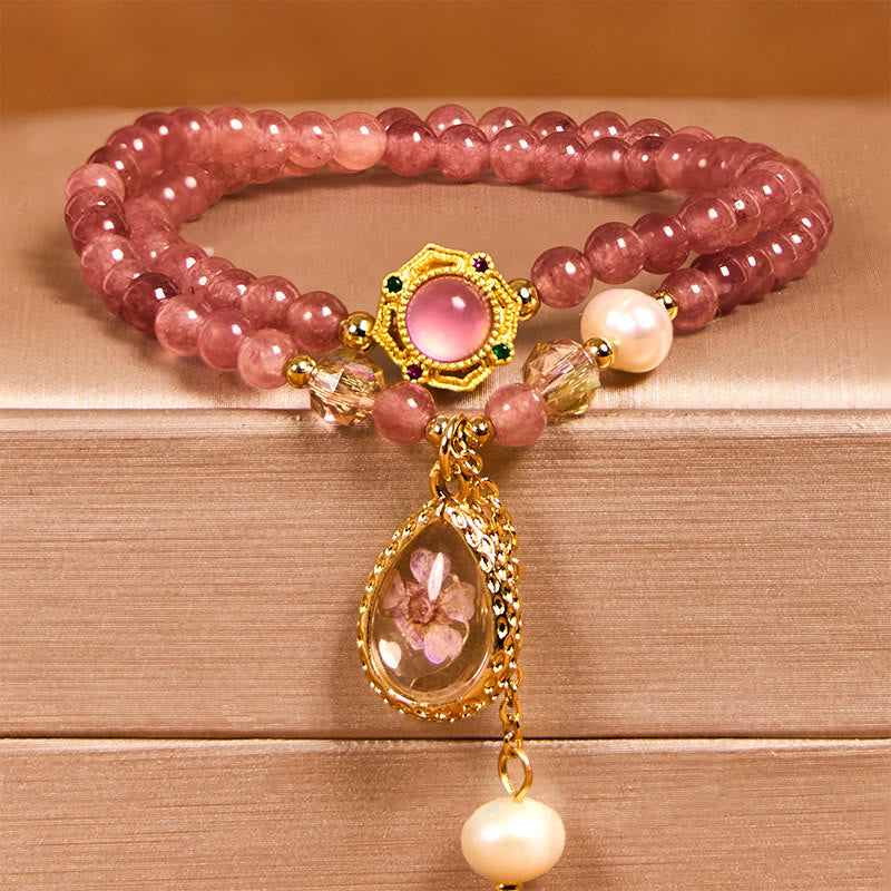 KarmaRipple's Authentic Strawberry Quartz Pearl Butterfly Water Drop Positive Double Wrap Bracelet p6