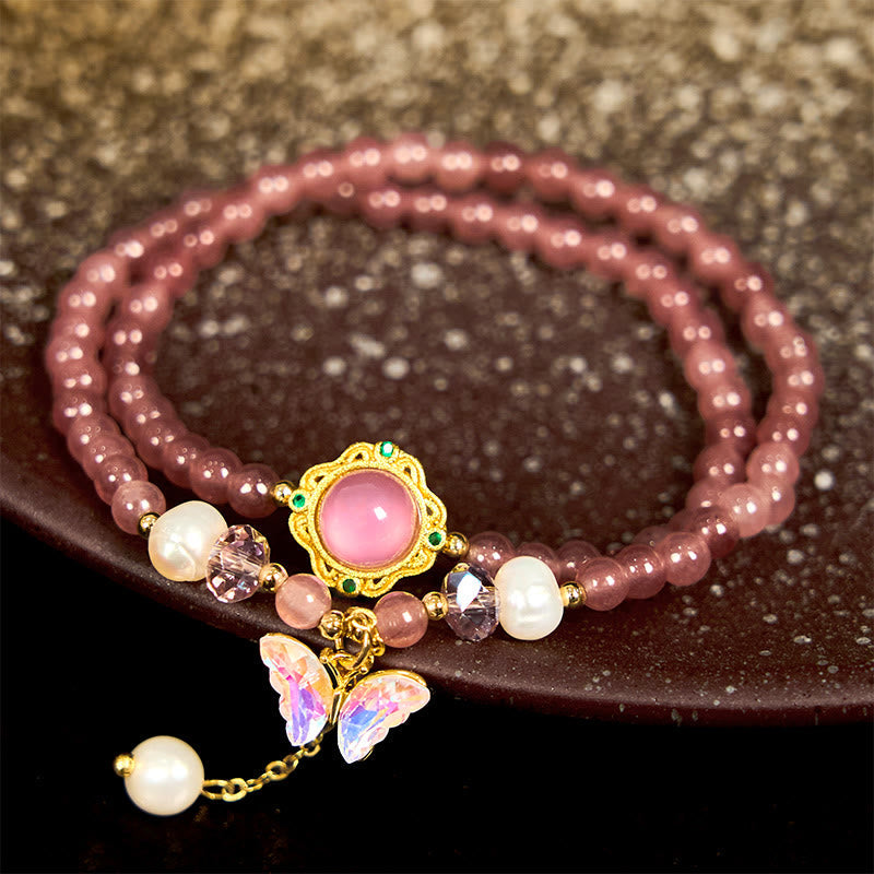 KarmaRipple's Authentic Strawberry Quartz Pearl Butterfly Water Drop Positive Double Wrap Bracelet p12