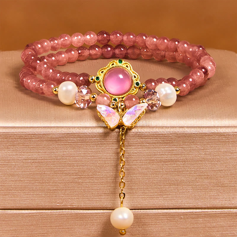 KarmaRipple's Authentic Strawberry Quartz Pearl Butterfly Water Drop Positive Double Wrap Bracelet p3