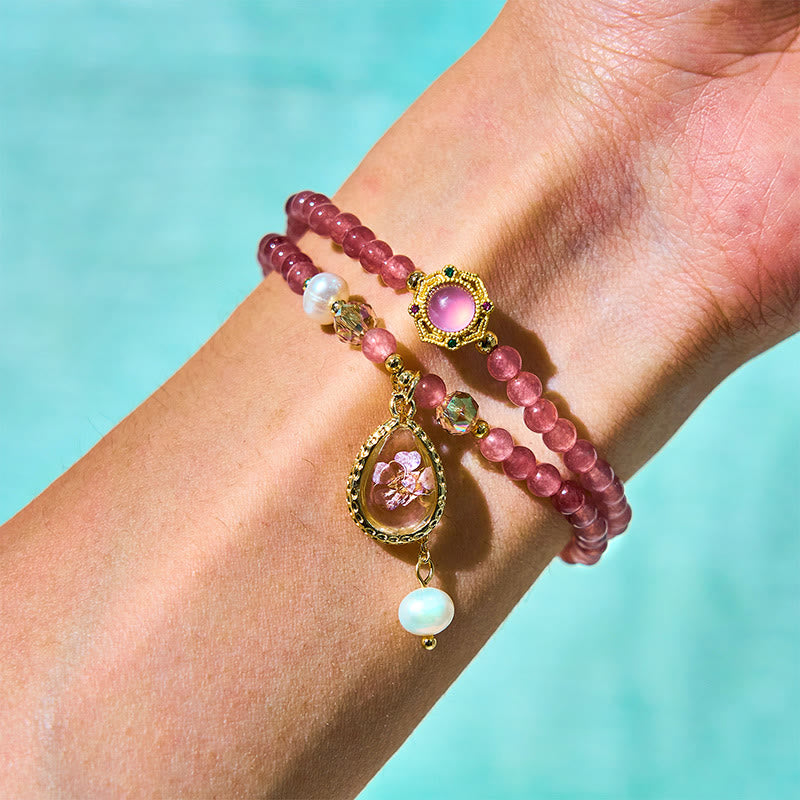 KarmaRipple's Authentic Strawberry Quartz Pearl Butterfly Water Drop Positive Double Wrap Bracelet p7