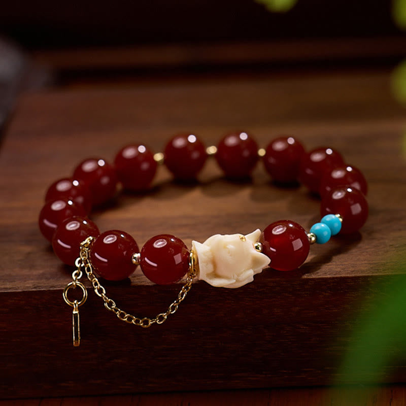 KarmaRipple's Nine Tailed Fox Joy Red Agate Ivory Fruit Bronze Plated Gold Confidence Bracelet p4