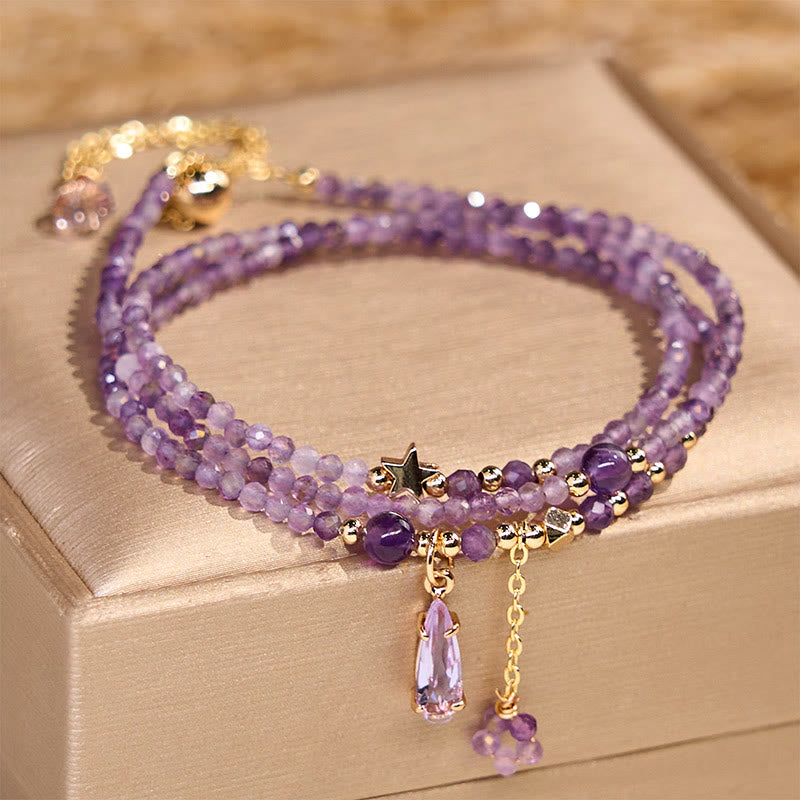 KarmaRipple's Authentic Amethyst Water Drop Star Meditation Triple Wrap Bracelet p1