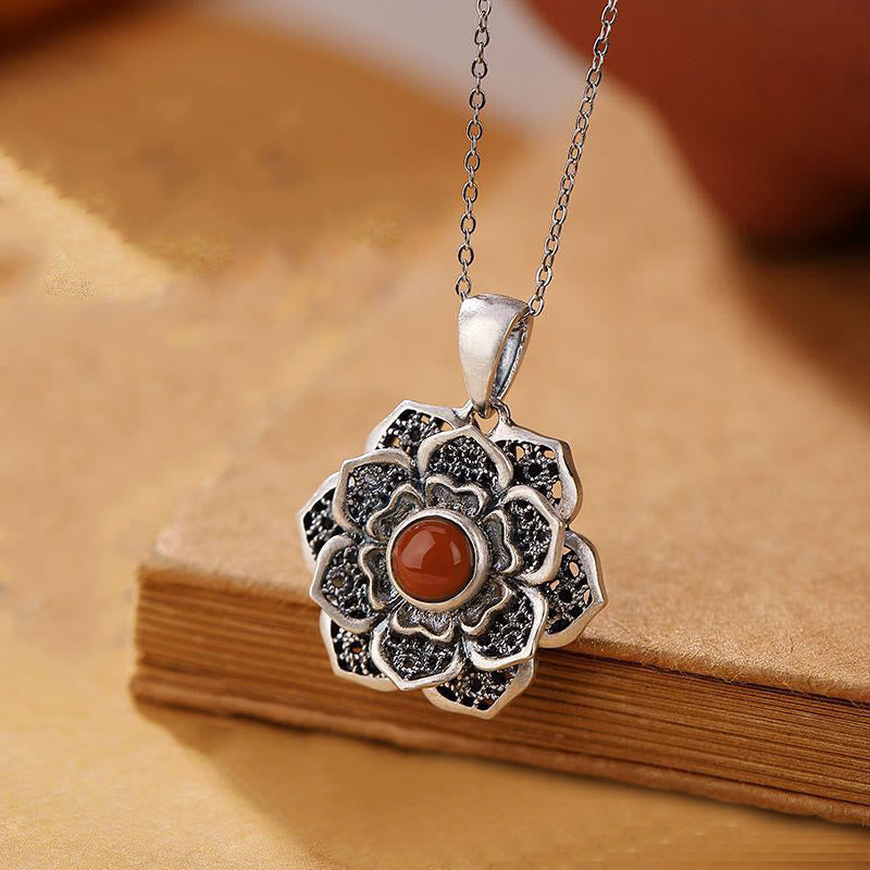 KarmaRipple's Tibetan Om Mani Padme Hum Lotus Pattern Red Agate Bronze Peace Pendant Necklace p1
