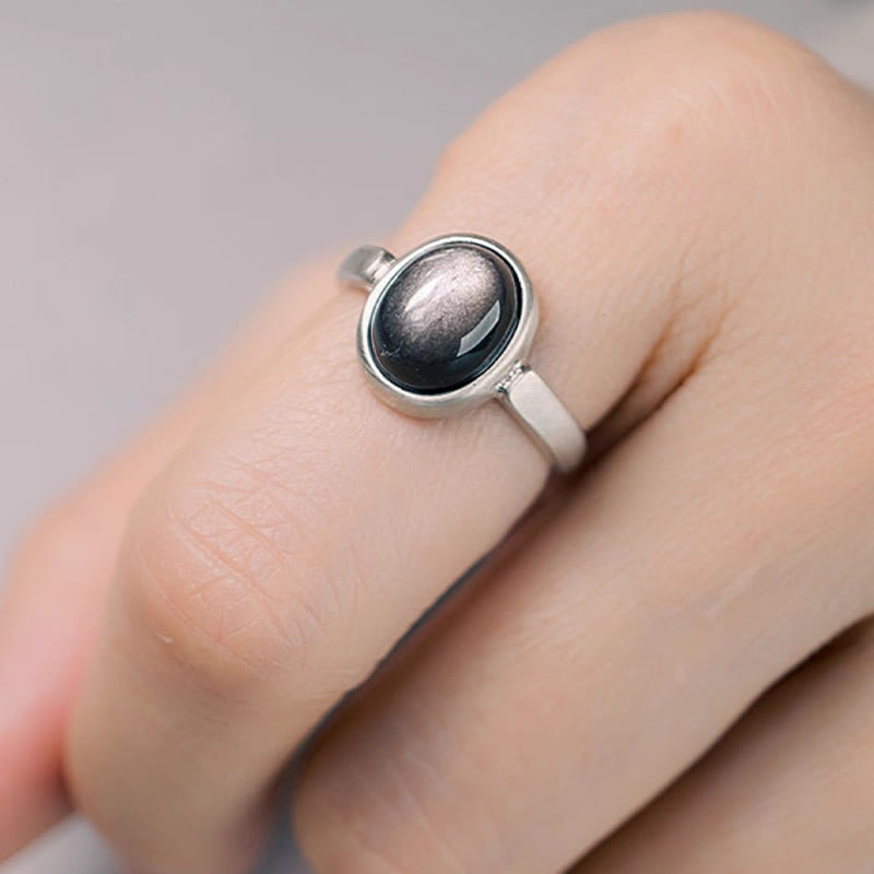 KarmaRipple's Authentic 925 Sterling Silver Silver Sheen Obsidian Adjustable Protection Ring p4
