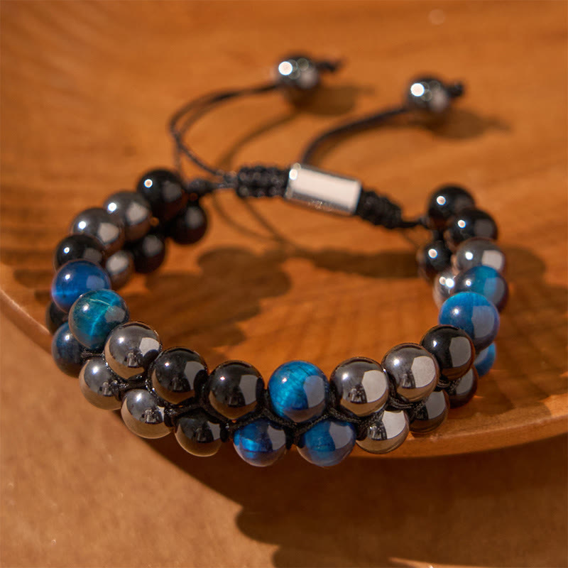 KarmaRipple's Authentic Blue Tiger Eye Black Magnetite Black Obsidian Double Row Beadwork Protection Bracelet p3