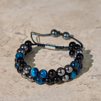 Bracelet de protection authentique en œil de tigre bleu, magnétite noire et obsidienne noire à double rangée de perles de KarmaRipple