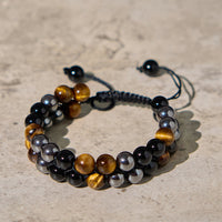 Bracelet de protection authentique en œil de tigre, magnétite noire et onyx noir à double rangée de perles de KarmaRipple