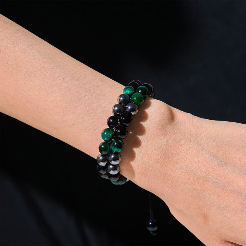 KarmaRipple's Authentic Green Tiger Eye Black Magnetite Black Obsidian Double Row Beadwork Positive Bracelet p4