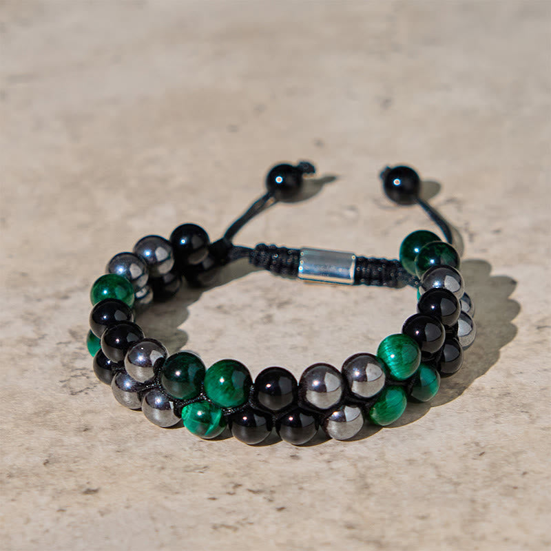 KarmaRipple's Authentic Green Tiger Eye Black Magnetite Black Obsidian Double Row Beadwork Positive Bracelet p1