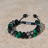 Bracelet authentique KarmaRipple en perles à double rangée, œil de tigre vert, magnétite noire et obsidienne noire