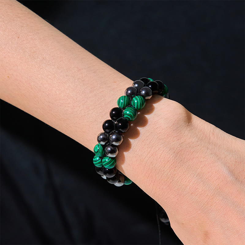 KarmaRipple's Authentic Malachite Black Magnetite Black Obsidian Double Row Beadwork Anti-Anxiety Bracelet p4