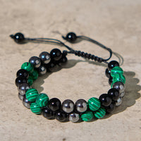 Bracelet anti-anxiété à double rangée de perles en obsidienne noire et malachite authentique de KarmaRipple