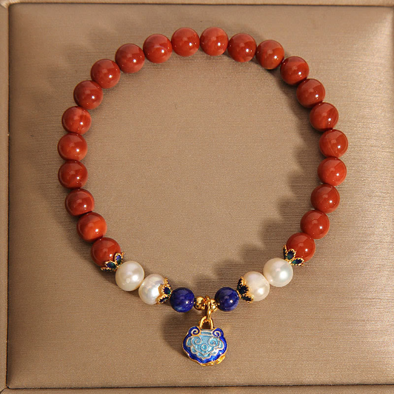 KarmaRipple's Authentic South Red Agate Pearl Peace Lock Talisman Positive Bracelet p5