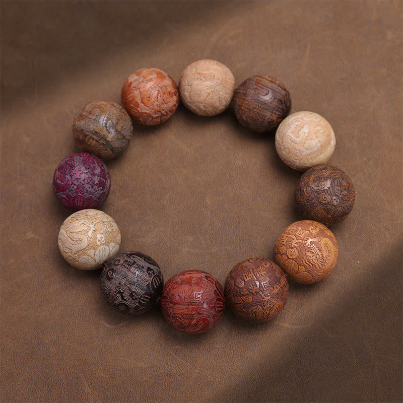 KarmaRipple's Carving Sandalwood Chinese Zodiac Auspicious Dragon Phoenix Fu Character Balancing Bracelet p32