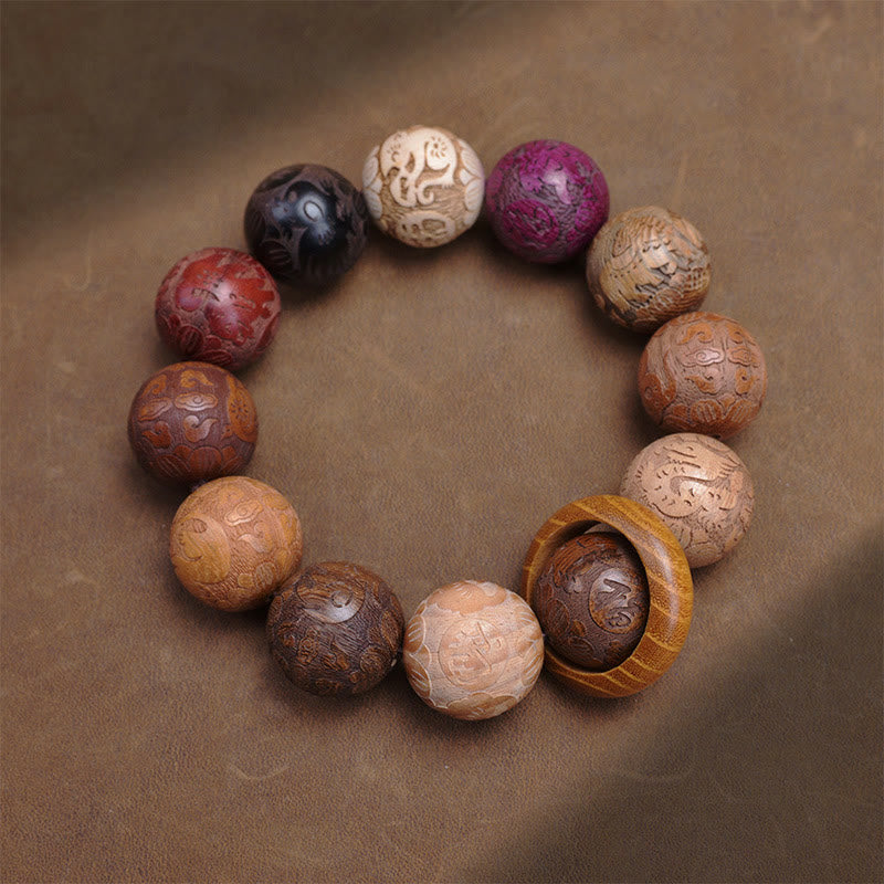 KarmaRipple's Carving Sandalwood Chinese Zodiac Auspicious Dragon Phoenix Fu Character Balancing Bracelet p29