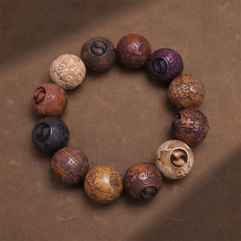 KarmaRipple's Carving Sandalwood Chinese Zodiac Auspicious Dragon Phoenix Fu Character Balancing Bracelet p1