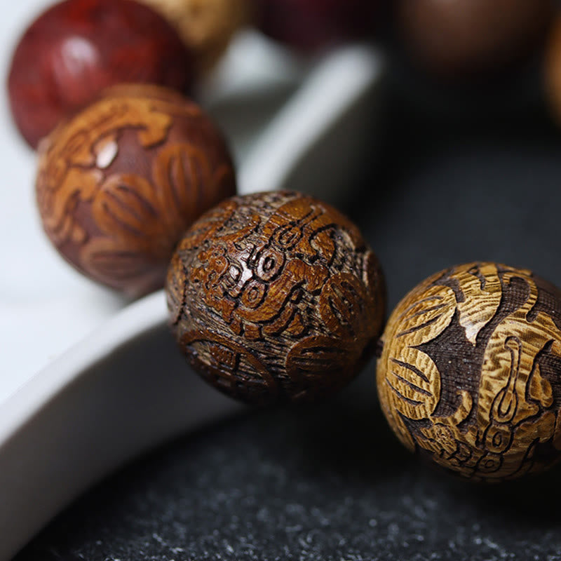 KarmaRipple's Carving Sandalwood Chinese Zodiac Auspicious Dragon Phoenix Fu Character Balancing Bracelet p27