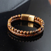 Bracelet à boucle robuste en acier et titane, tissé multicouches, en cuir et perles d'œil de tigre de KarmaRipple