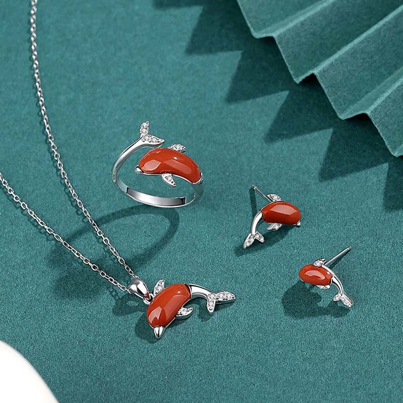 KarmaRipple's 925 Sterling Silver Cute Dolphin Hetian Jade Red Agate Fortune Pendant Necklace Ring Earrings Set p18