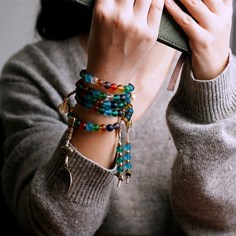 KarmaRipple's Tibetan 108 Mala Beadwork Multicolored Liuli Glass Bead Chinese Zodiac Nine Palaces Eight Diagrams Talisman Bracelet p9