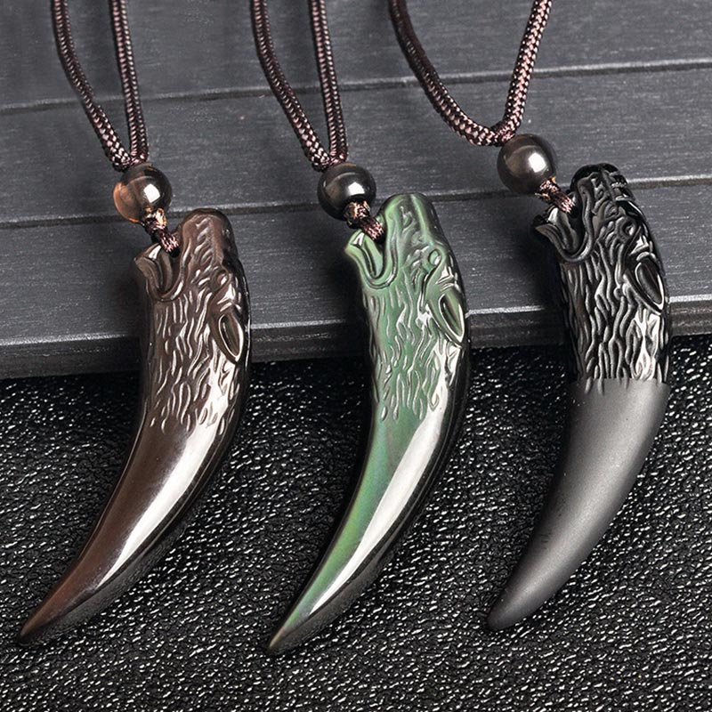 KarmaRipple's Authentic Black Obsidian Ice Obsidian Rainbow Obsidian Wolf Tooth Pattern Strength Pendant Necklace p5