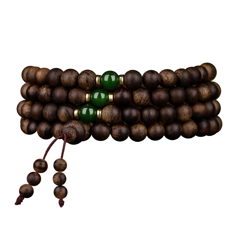 KarmaRipple's 108 Mala Beadwork Indonesia Tarakan Rare Agarwood Cyan Jade Ward Off Evil Spirits Bracelet p27