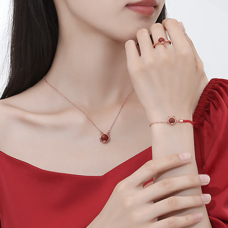KarmaRipple's ???A Flash Sale- 925 Sterling Silver Year of the Dragon Cinnabar Red Agate Dragon Protection Bracelet Pendant Necklace Earrings Ring p19