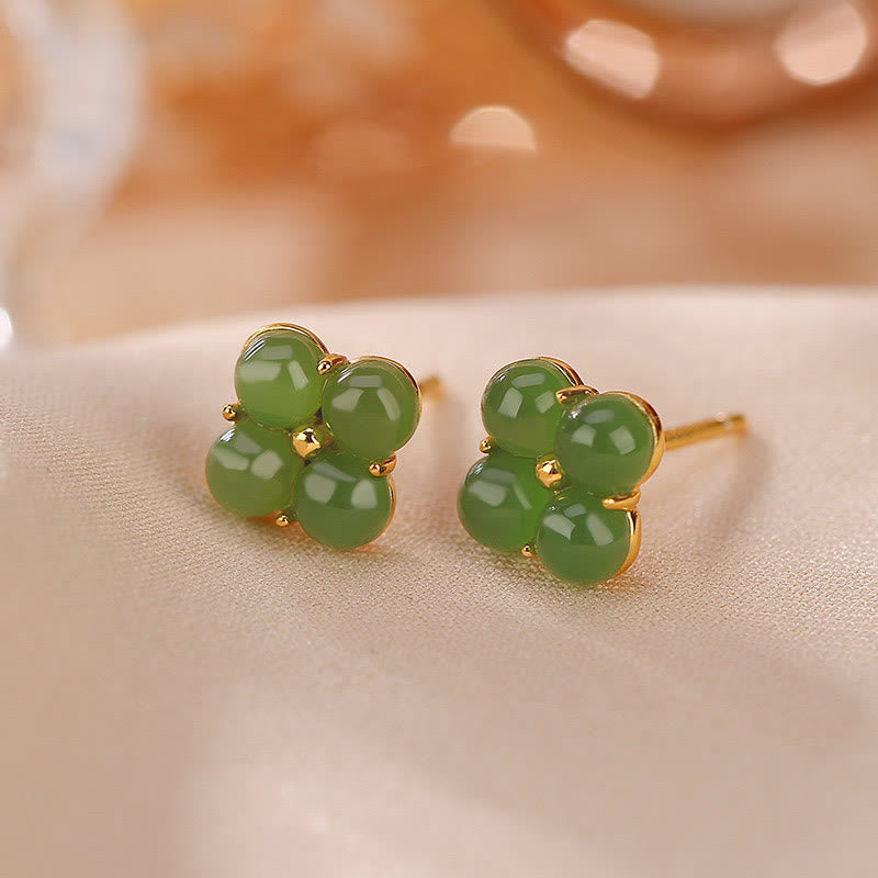 KarmaRipple's 925 Sterling Silver Plated Gold Authentic Cyan Jade Four Leaf Clover Fortune Stud Earrings p12