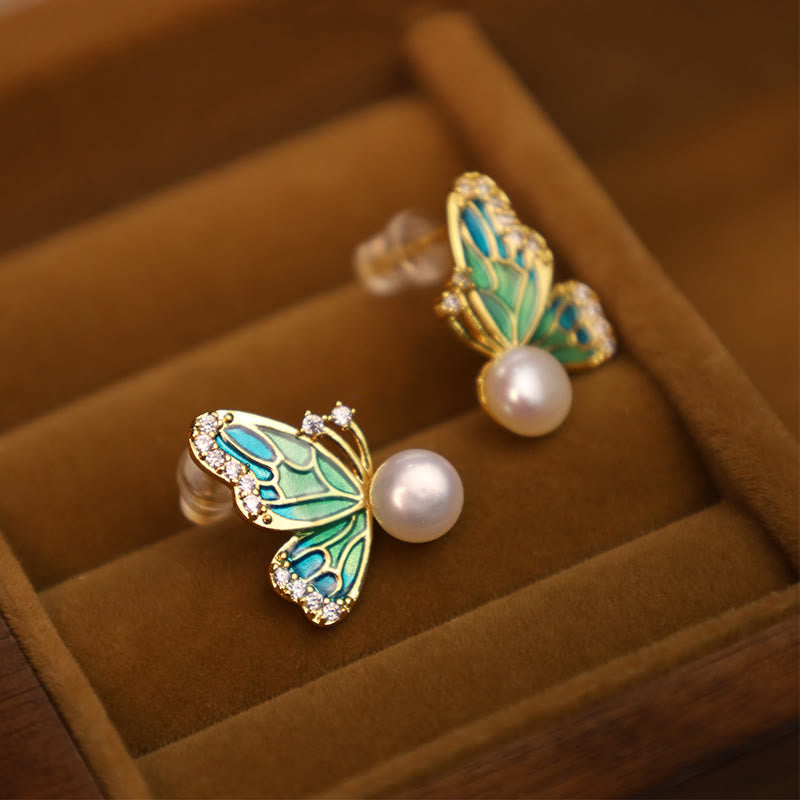 KarmaRipple's 925 Sterling Silver Posts 18K Gold Plated Bronze Authentic Pearl Butterfly Balancing Stud Earrings p5