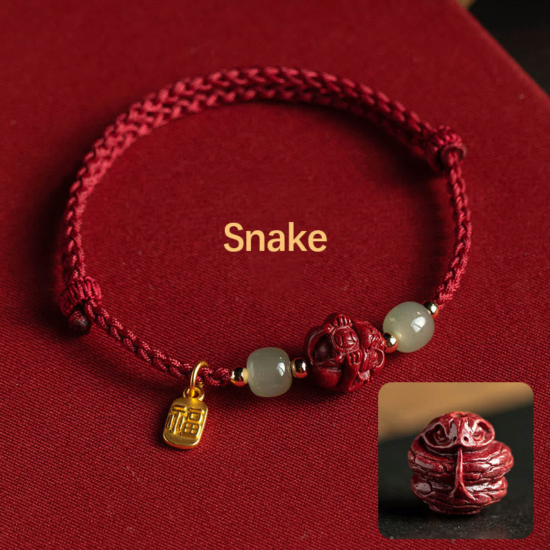 KarmaRipple's Authentic Cinnabar Chinese Zodiac Hetian Jade Fu Character Fortune Rope Bracelet p14