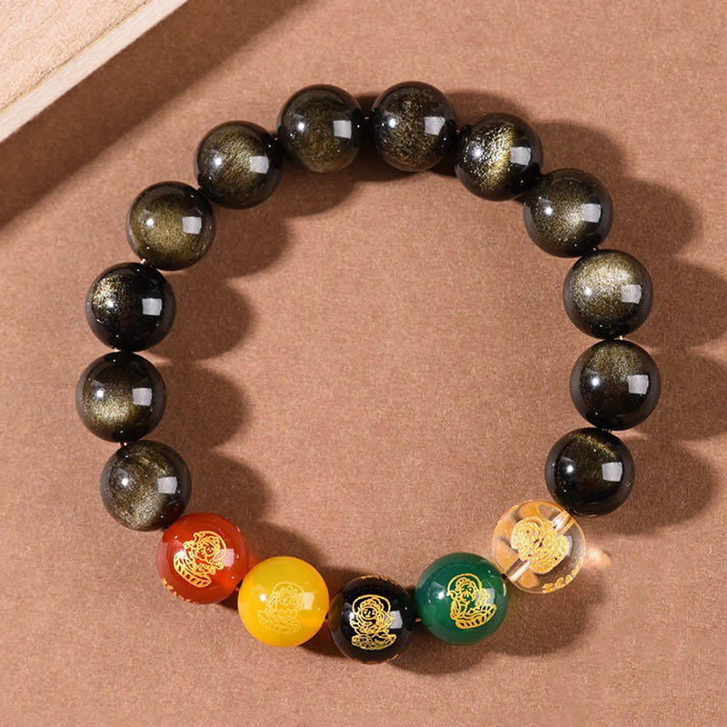 KarmaRipple's Gold Sheen Obsidian Rainbow Obsidian Black Obsidian Five Directions Gods of Wealth Bracelet p18