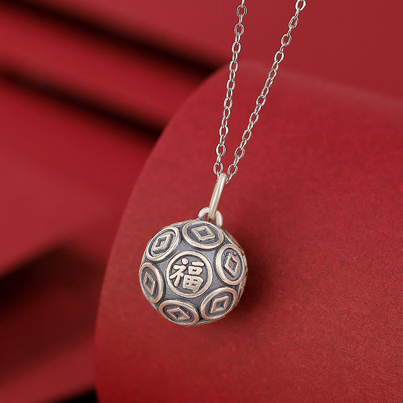 KarmaRipple's 990 Sterling Silver Fu Character Bronze Coin Fortune Fortune Chain Pendant Necklace p1