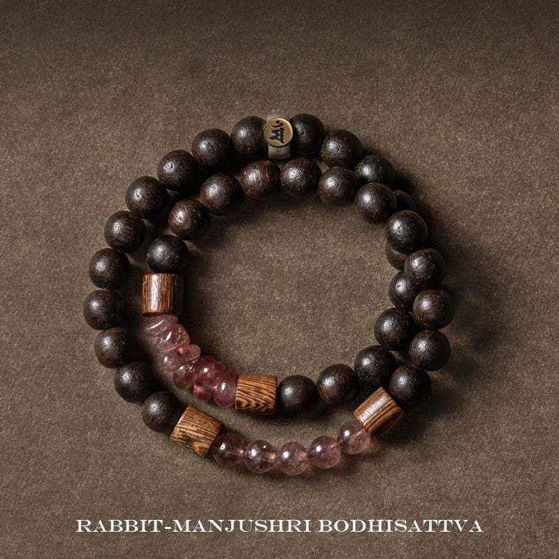 KarmaRipple's 925 Sterling Silver Chinese Zodiac Natal Buddha Agarwood Strawberry Quartz Peace Double Wrap Bracelet p33