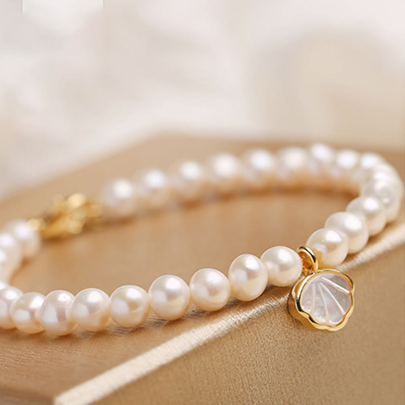 KarmaRipple's 14K Gold Plated Authentic Pearl Gemstone Shell Talisman Bead Bracelet p9