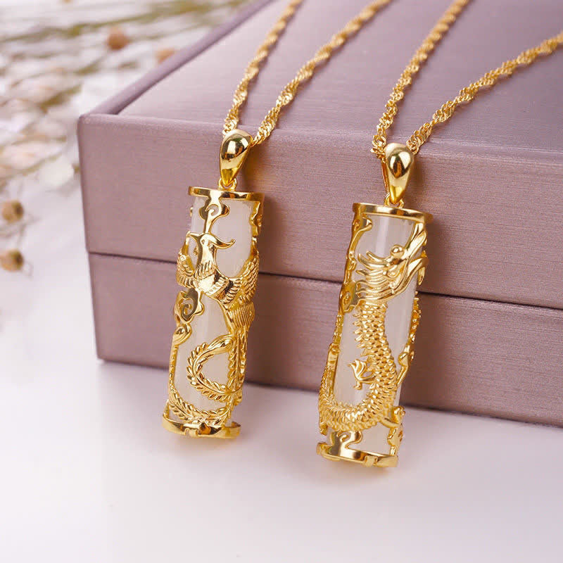 KarmaRipple's Jade Dragon Phoenix Bronze Blessing Balance Pendant Necklace p3