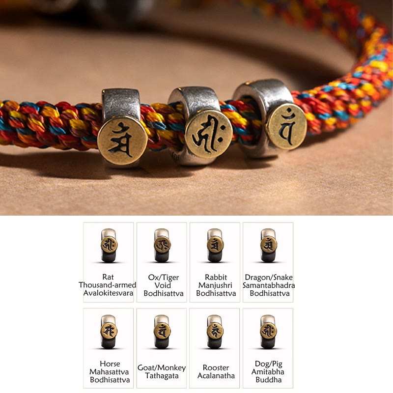 KarmaRipple's Handmade Tibetan 925 Sterling Silver Chinese Zodiac Natal Buddha Zakiram Goddess of Wealth Protection Multicolored Rope Woven Bracelet p25