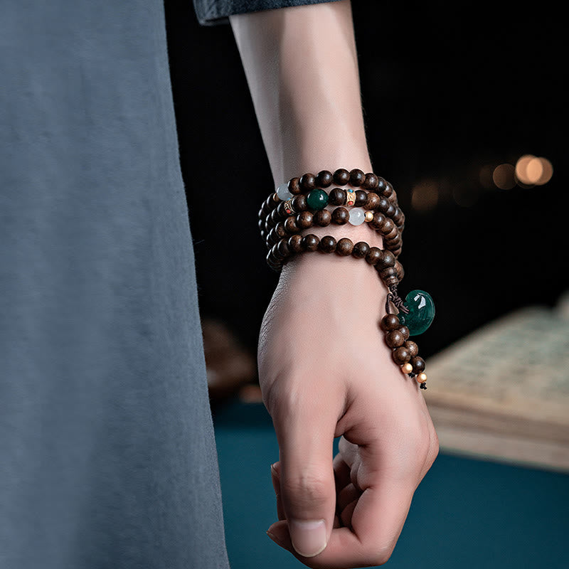 KarmaRipple's 108 Mala Beadwork Kalimantan Agarwood Laughing Buddha Peace Buckle Red Agate Jade Strength Bracelet p13