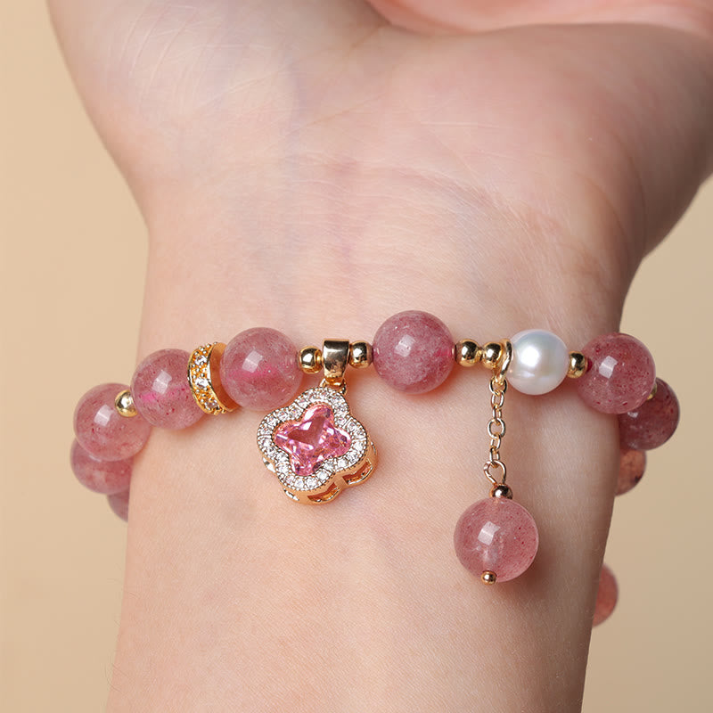 KarmaRipple's Strawberry Quartz Pearl Four Leaf Clover Talisman Balancing Bracelet p4
