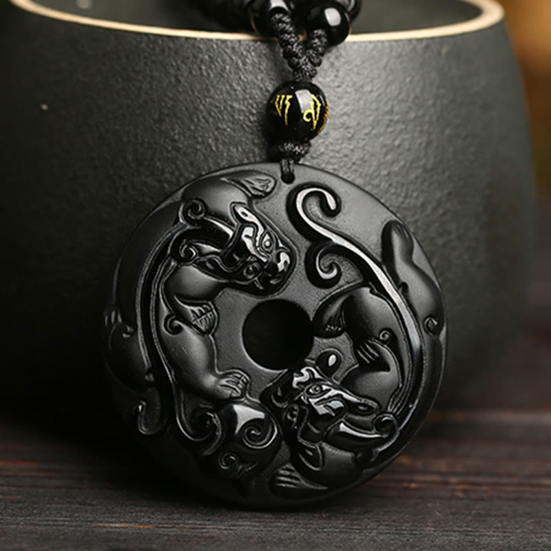 KarmaRipple's Authentic Black Obsidian Peace Buckle Pixiu Bead Rope Strength Pendant Necklace p2