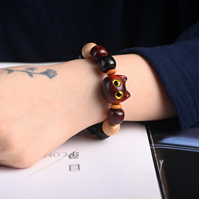KarmaRipple's Small Leaf Red Sandalwood Ebony Wood Cute Cat Engraved Protection Bracelet p16