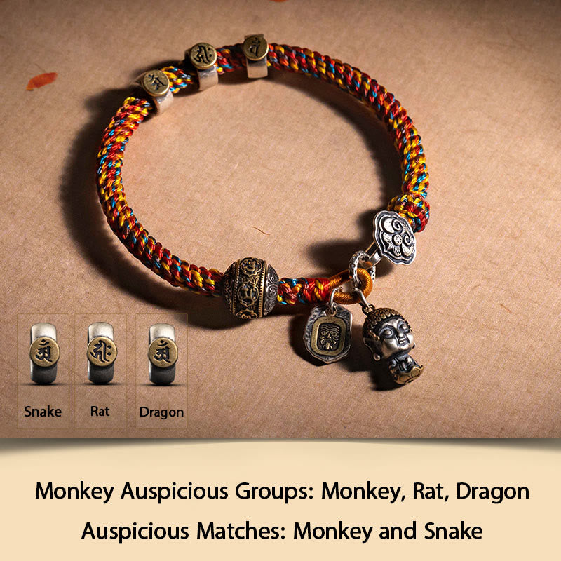 KarmaRipple's Handmade Tibetan 925 Sterling Silver Chinese Zodiac Natal Buddha Zakiram Goddess of Wealth Protection Multicolored Rope Woven Bracelet p59