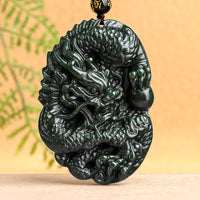 Collier à perles avec pendentif en forme de dragon de jade cyan Hetian de KarmaRipple